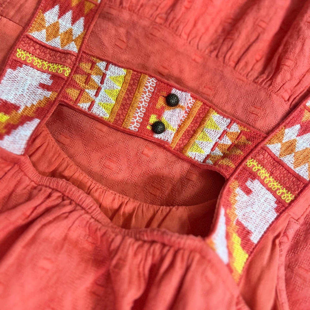 EUC {Anthro} Embroidered Pink Textured Ruffled & Tiered Orange Sundress | Small - Picture 3 of 15